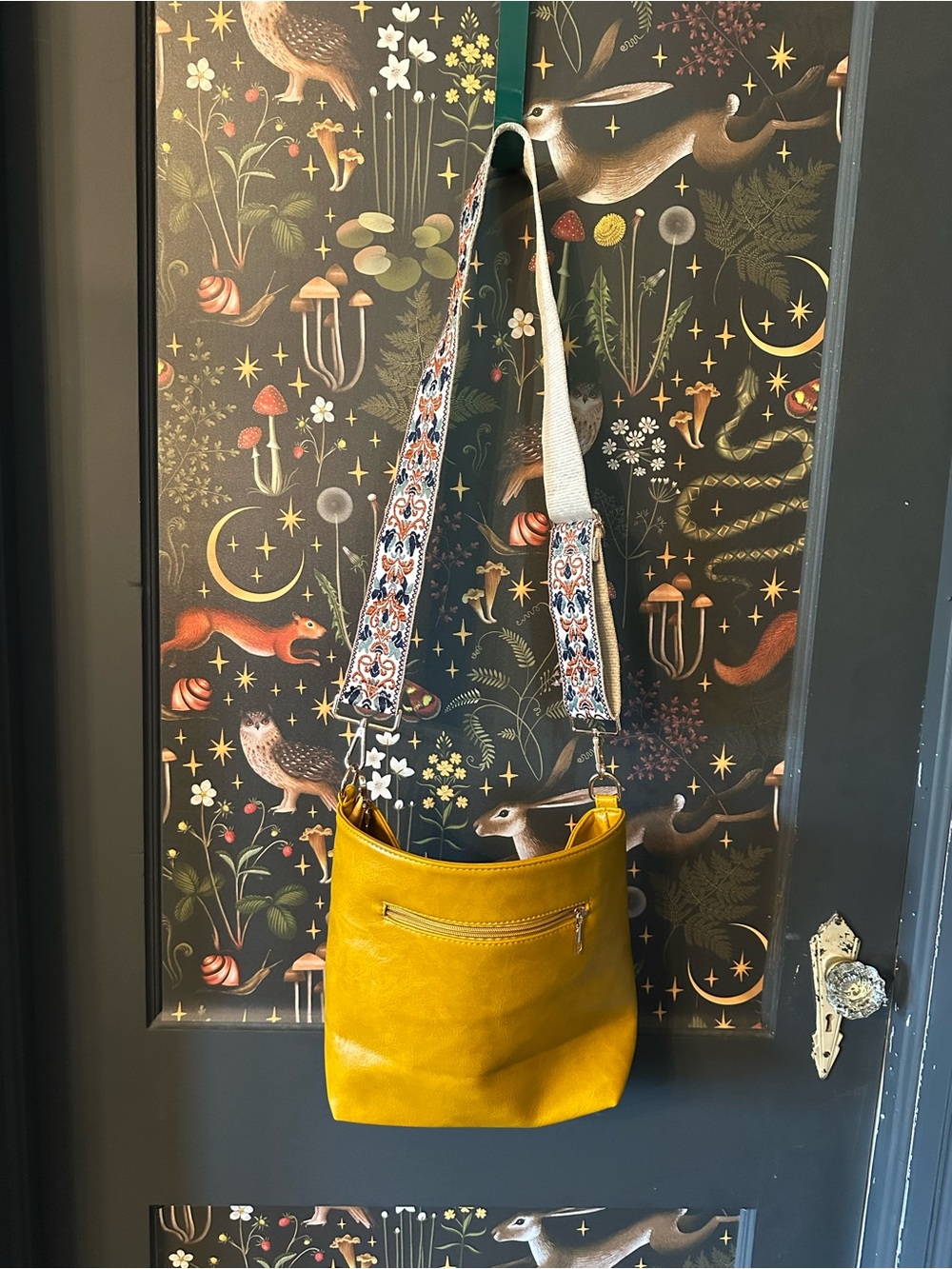 Vegan Leather Mustard Yellow Leather Crossbody Bag with Decorative Guitar Strap